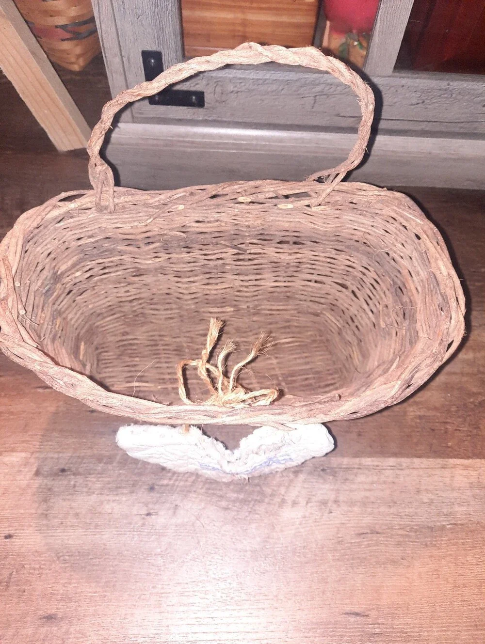 Rustic Woven Brown Basket with Quilt Heart Accent